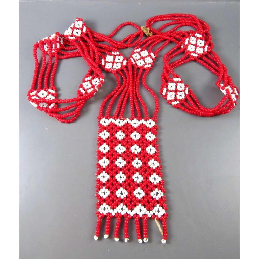 NATIVE AMERICAN Hand Made Beaded Necklace RED & WHITE CHECK PATTERN Loomed Beads